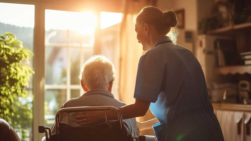 Elderly residents and staff talking calmly in a comfortable shared living room with natural light.
