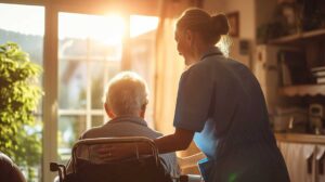 Elderly residents and staff talking calmly in a comfortable shared living room with natural light.