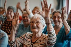 Older adults and children laughing together while painting at a community center table.