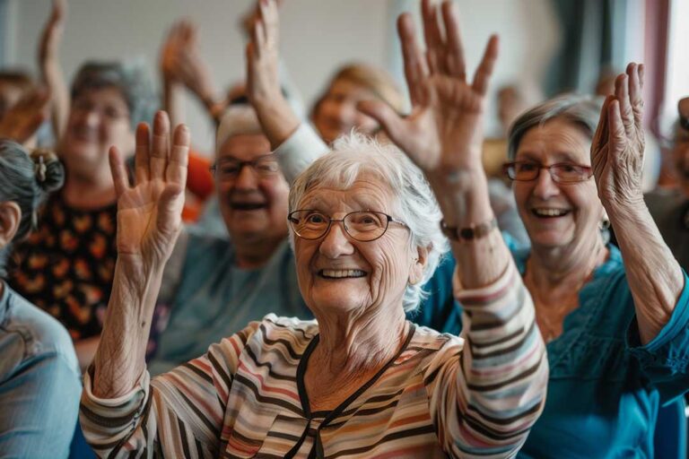 Older adults and children laughing together while painting at a community center table.
